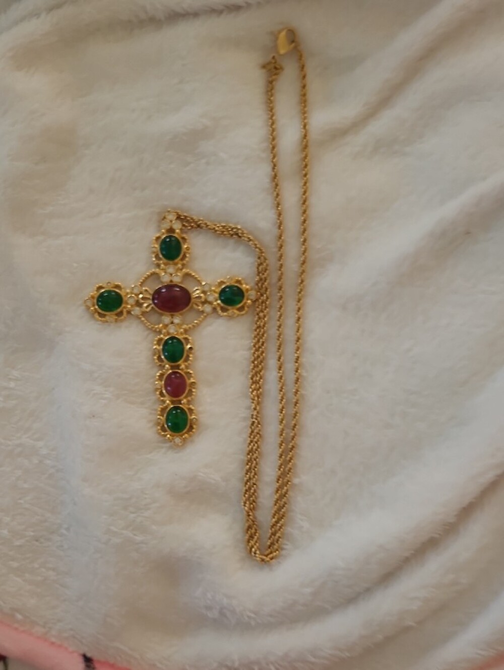 Dior Gold-Tone Cross Necklace with Green and Red Cabochons - Picture 2 of 5